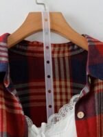 Elorivane Plus Size Green Plaid Shirt, Tie Cuff Long Sleeve Retro Loose Top, Autumn Vacation Casual Wear - Image 10