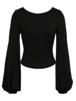 Elorivane Plus Size Square Neck Top, Lantern Sleeve Fitted Long Sleeve Tee, Fall Casual Wear - Image 2