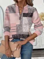 Elorivane Plus Size Geometric Print Sweatshirt, Half-Zip Round Neck Casual Top, Fall - Image 3