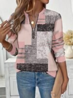 Elorivane Plus Size Geometric Print Sweatshirt, Half-Zip Round Neck Casual Top, Fall - Image 5