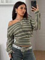 Elorivane Women Green Striped Asymmetrical Shoulder Top, Stretchy Long Sleeve Y2K Streetwear Tee - Image 3