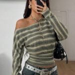 Elorivane Women Green Striped Asymmetrical Shoulder Top, Stretchy Long Sleeve Y2K Streetwear Tee