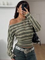 Elorivane Women Green Striped Asymmetrical Shoulder Top, Stretchy Long Sleeve Y2K Streetwear Tee