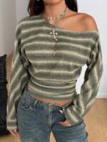 Elorivane Women Green Striped Asymmetrical Shoulder Top, Stretchy Long Sleeve Y2K Streetwear Tee - Image 4