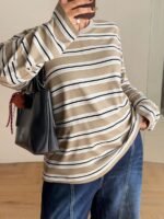 Elorivane Plus Size Striped T-Shirt, Round Neck Long Sleeve Loose Street Vacation Top - Image 6