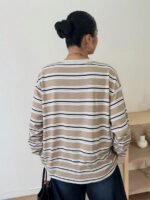 Elorivane Plus Size Striped T-Shirt, Round Neck Long Sleeve Loose Street Vacation Top - Image 7