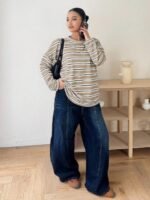 Elorivane Plus Size Striped T-Shirt, Round Neck Long Sleeve Loose Street Vacation Top - Image 8
