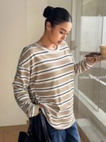 Elorivane Plus Size Striped T-Shirt, Round Neck Long Sleeve Loose Street Vacation Top - Image 9