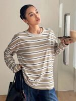 Elorivane Plus Size Striped T-Shirt, Round Neck Long Sleeve Loose Street Vacation Top - Image 10