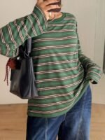 Elorivane Plus Size Striped T-Shirt, Round Neck Long Sleeve Loose Street Vacation Top