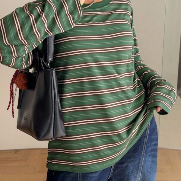 Elorivane Plus Size Striped T-Shirt, Round Neck Long Sleeve Loose Street Vacation Top