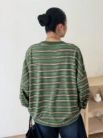 Elorivane Plus Size Striped T-Shirt, Round Neck Long Sleeve Loose Street Vacation Top - Image 2