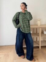 Elorivane Plus Size Striped T-Shirt, Round Neck Long Sleeve Loose Street Vacation Top - Image 3