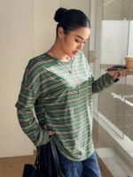 Elorivane Plus Size Striped T-Shirt, Round Neck Long Sleeve Loose Street Vacation Top - Image 4