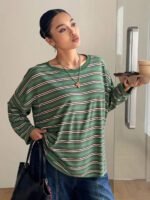 Elorivane Plus Size Striped T-Shirt, Round Neck Long Sleeve Loose Street Vacation Top - Image 5