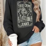 Elorivane Plus Size Skull Girl Slogan Round Neck Sweatshirt Long Sleeve for Autumn Winter Halloween Casual Wear