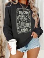 Elorivane Plus Size Skull Girl Slogan Round Neck Sweatshirt Long Sleeve for Autumn Winter Halloween Casual Wear