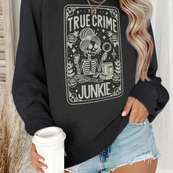 Elorivane Plus Size Skull Girl Slogan Round Neck Sweatshirt Long Sleeve for Autumn Winter Halloween Casual Wear