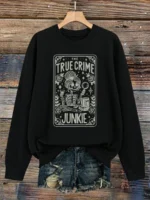 Elorivane Plus Size Skull Girl Slogan Round Neck Sweatshirt Long Sleeve for Autumn Winter Halloween Casual Wear - Image 3
