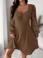 Elorivane Plus Size Sweetheart Neck Dress, Ruched Ribbed Long Sleeve Casual Dress, Fall Wear - Image 37