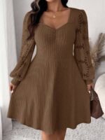 Elorivane Plus Size Sweetheart Neck Dress, Ruched Ribbed Long Sleeve Casual Dress, Fall Wear - Image 38