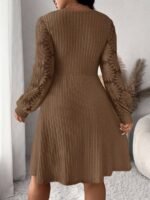 Elorivane Plus Size Sweetheart Neck Dress, Ruched Ribbed Long Sleeve Casual Dress, Fall Wear - Image 39
