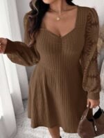 Elorivane Plus Size Sweetheart Neck Dress, Ruched Ribbed Long Sleeve Casual Dress, Fall Wear - Image 40