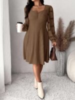 Elorivane Plus Size Sweetheart Neck Dress, Ruched Ribbed Long Sleeve Casual Dress, Fall Wear - Image 41