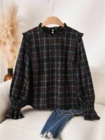 Elorivane Plus Size Red Plaid Top, Frill Trim Round Neck H-Line Pullover, Christmas Spring Casual Shirt - Image 8