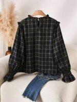 Elorivane Plus Size Red Plaid Top, Frill Trim Round Neck H-Line Pullover, Christmas Spring Casual Shirt - Image 9