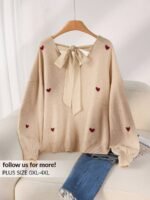 Elorivane Plus Size Beige Sweater, Heart Pattern V-Neck Backless Bow Pullover, Fall Winter Casual Top