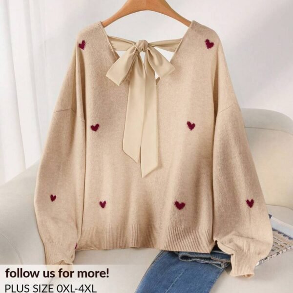 Elorivane Plus Size Beige Sweater, Heart Pattern V-Neck Backless Bow Pullover, Fall Winter Casual Top