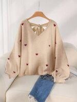 Elorivane Plus Size Beige Sweater, Heart Pattern V-Neck Backless Bow Pullover, Fall Winter Casual Top - Image 2