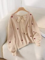 Elorivane Plus Size Beige Sweater, Heart Pattern V-Neck Backless Bow Pullover, Fall Winter Casual Top - Image 3