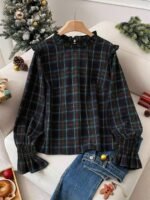Elorivane Plus Size Red Plaid Top, Frill Trim Round Neck H-Line Pullover, Christmas Spring Casual Shirt - Image 12
