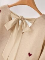 Elorivane Plus Size Beige Sweater, Heart Pattern V-Neck Backless Bow Pullover, Fall Winter Casual Top - Image 4