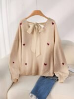 Elorivane Plus Size Beige Sweater, Heart Pattern V-Neck Backless Bow Pullover, Fall Winter Casual Top - Image 6