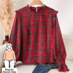 Elorivane Plus Size Red Plaid Top, Frill Trim Round Neck H-Line Pullover, Christmas Spring Casual Shirt