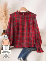 Elorivane Plus Size Red Plaid Top, Frill Trim Round Neck H-Line Pullover, Christmas Spring Casual Shirt