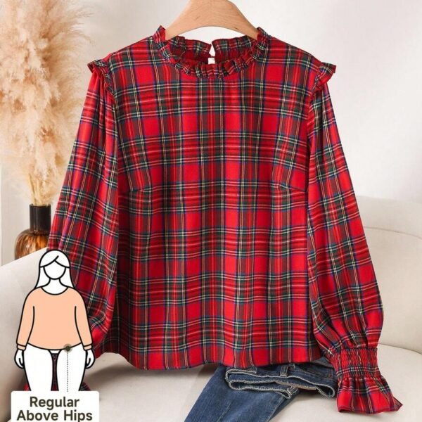 Elorivane Plus Size Red Plaid Top, Frill Trim Round Neck H-Line Pullover, Christmas Spring Casual Shirt