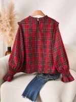 Elorivane Plus Size Red Plaid Top, Frill Trim Round Neck H-Line Pullover, Christmas Spring Casual Shirt - Image 2