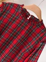 Elorivane Plus Size Red Plaid Top, Frill Trim Round Neck H-Line Pullover, Christmas Spring Casual Shirt - Image 3