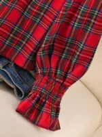 Elorivane Plus Size Red Plaid Top, Frill Trim Round Neck H-Line Pullover, Christmas Spring Casual Shirt - Image 4