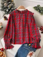 Elorivane Plus Size Red Plaid Top, Frill Trim Round Neck H-Line Pullover, Christmas Spring Casual Shirt - Image 5