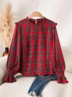 Elorivane Plus Size Red Plaid Top, Frill Trim Round Neck H-Line Pullover, Christmas Spring Casual Shirt - Image 6