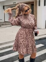 Elorivane Plus Size Leopard Print Dress, Stand Collar Lantern Sleeve Ruffle Hem Belted Dress, Spring Casual Wear - Image 5