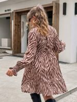Elorivane Plus Size Leopard Print Dress, Stand Collar Lantern Sleeve Ruffle Hem Belted Dress, Spring Casual Wear - Image 7