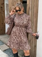 Elorivane Plus Size Leopard Print Dress, Stand Collar Lantern Sleeve Ruffle Hem Belted Dress, Spring Casual Wear - Image 6