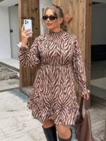 Elorivane Plus Size Leopard Print Dress, Stand Collar Lantern Sleeve Ruffle Hem Belted Dress, Spring Casual Wear - Image 10