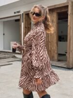 Elorivane Plus Size Leopard Print Dress, Stand Collar Lantern Sleeve Ruffle Hem Belted Dress, Spring Casual Wear - Image 11